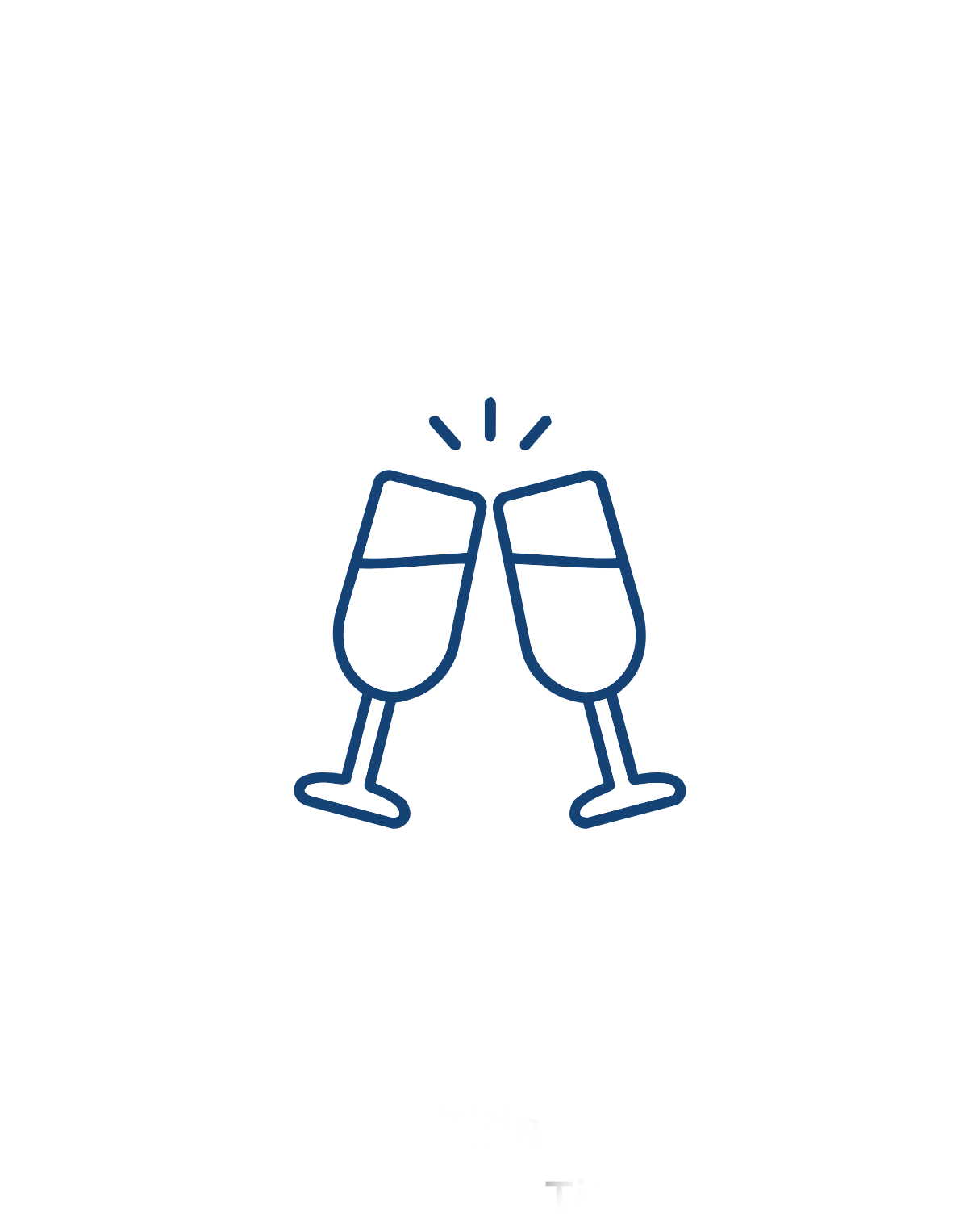 Line drawing of two champagne glasses clinking together for celebration.