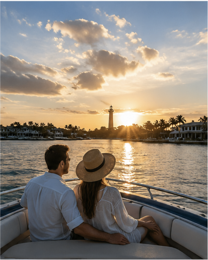 A couple sitting on a boat at sunset, with a lighthouse in the background over water and a partly cloudy sky.