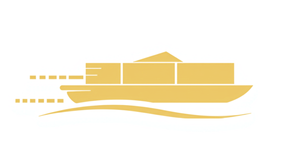 Simplified graphic of a boat with a cabin, moving quickly on water.