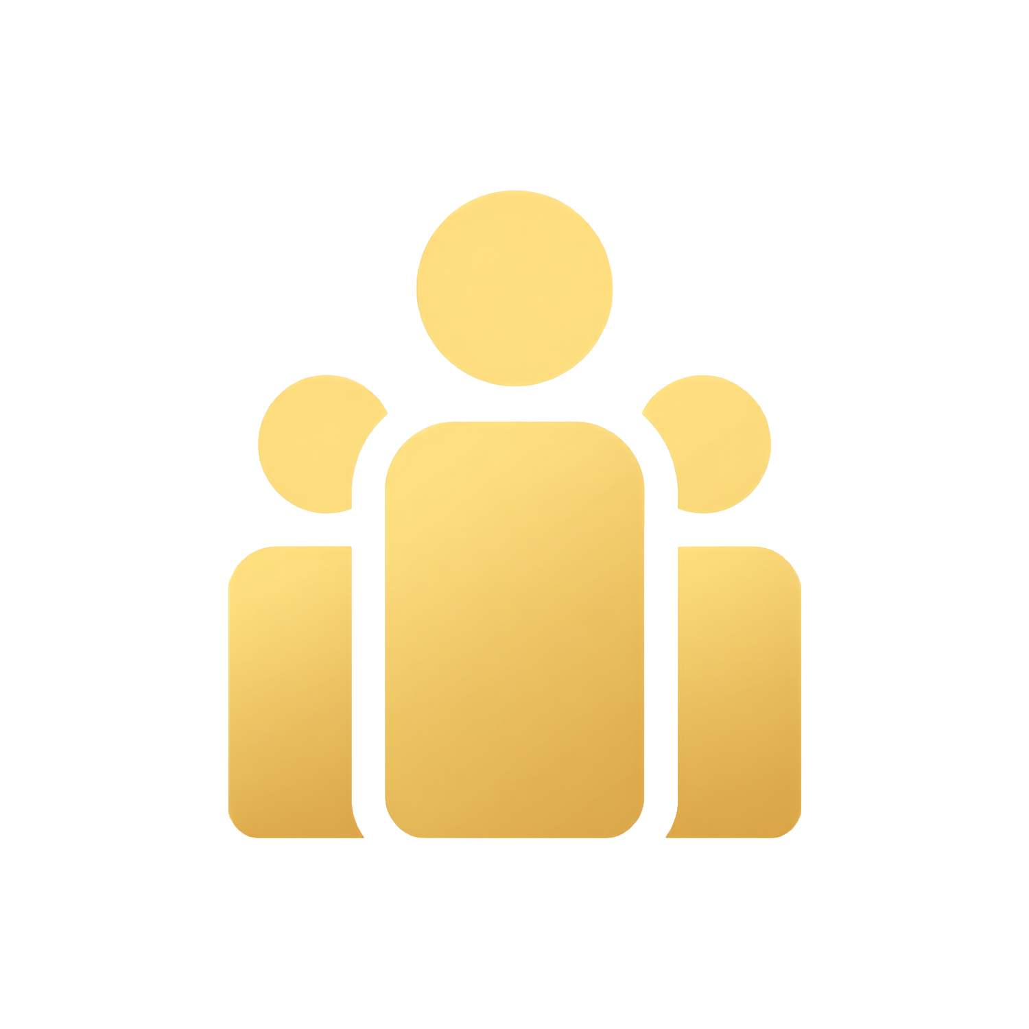 Illustration of a group of five stylized, abstract human figures in gold color, with one figure slightly larger in the center, representing a diverse community or team.