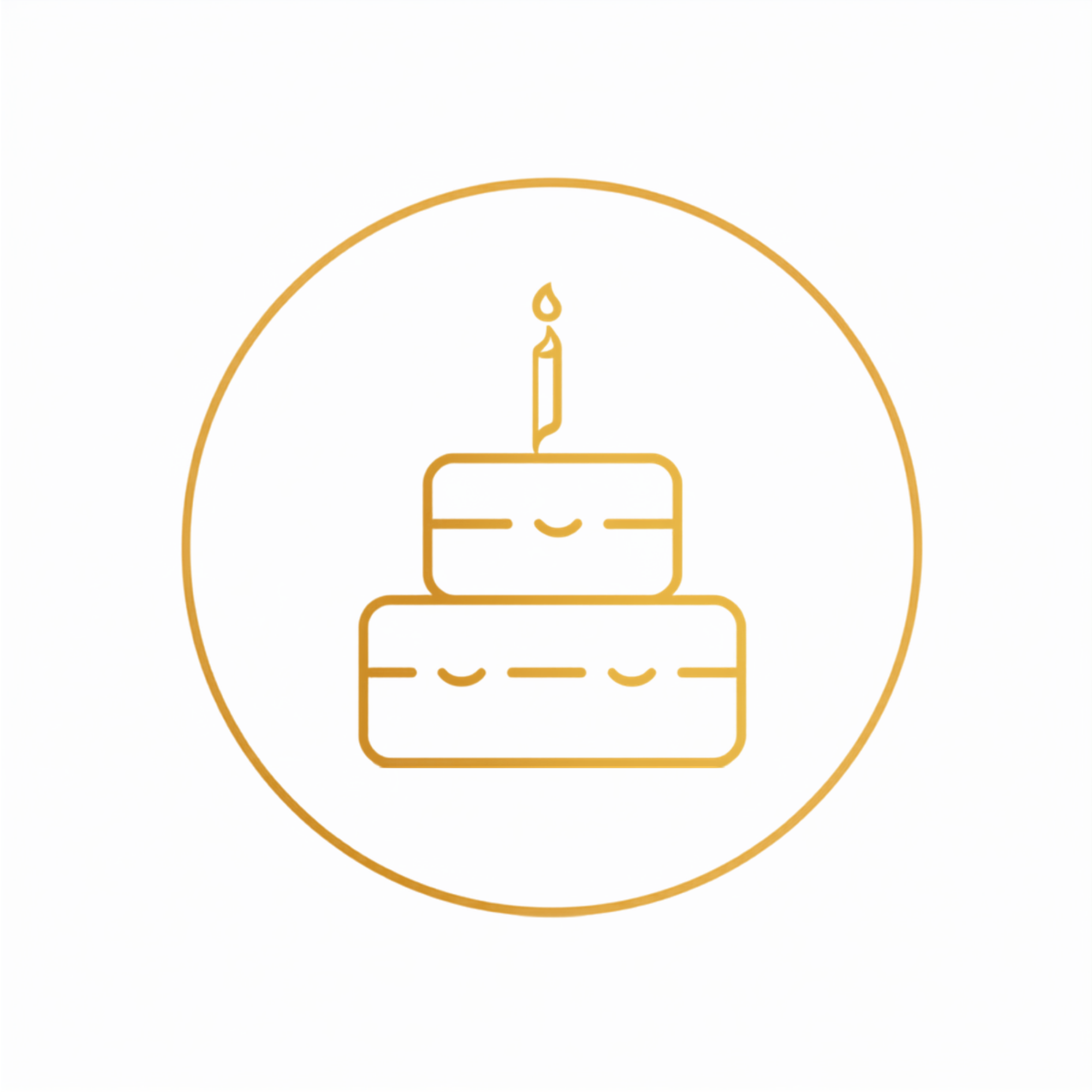 A minimalist line drawing of a birthday cake with one lit candle on top, inside a large orange circle.