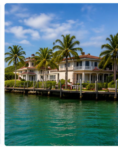 Luxury waterfront houses with palm trees along a canal under a blue sky.