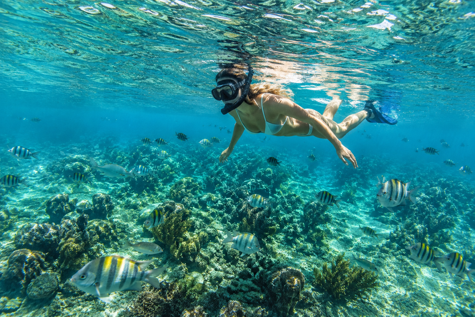A woman snorkeling underwater among fish and coral reefs.