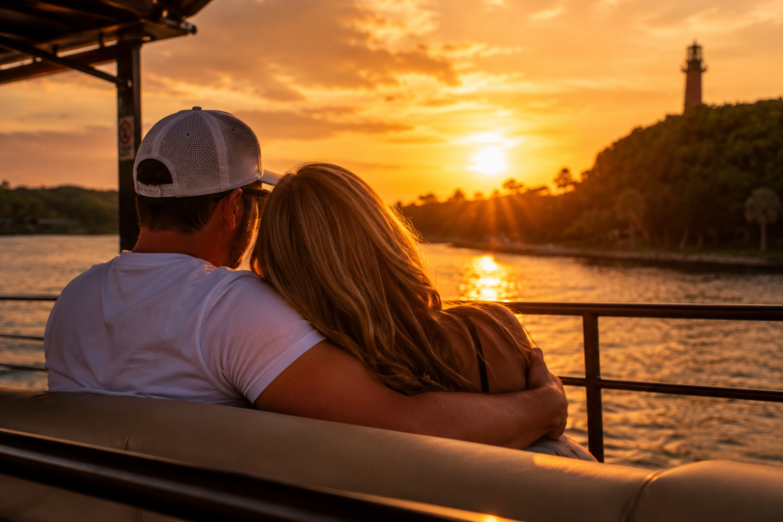 A couple sitting close together on a boat at sunset, with a lighthouse on a hill in the background and water reflecting the orange sky.