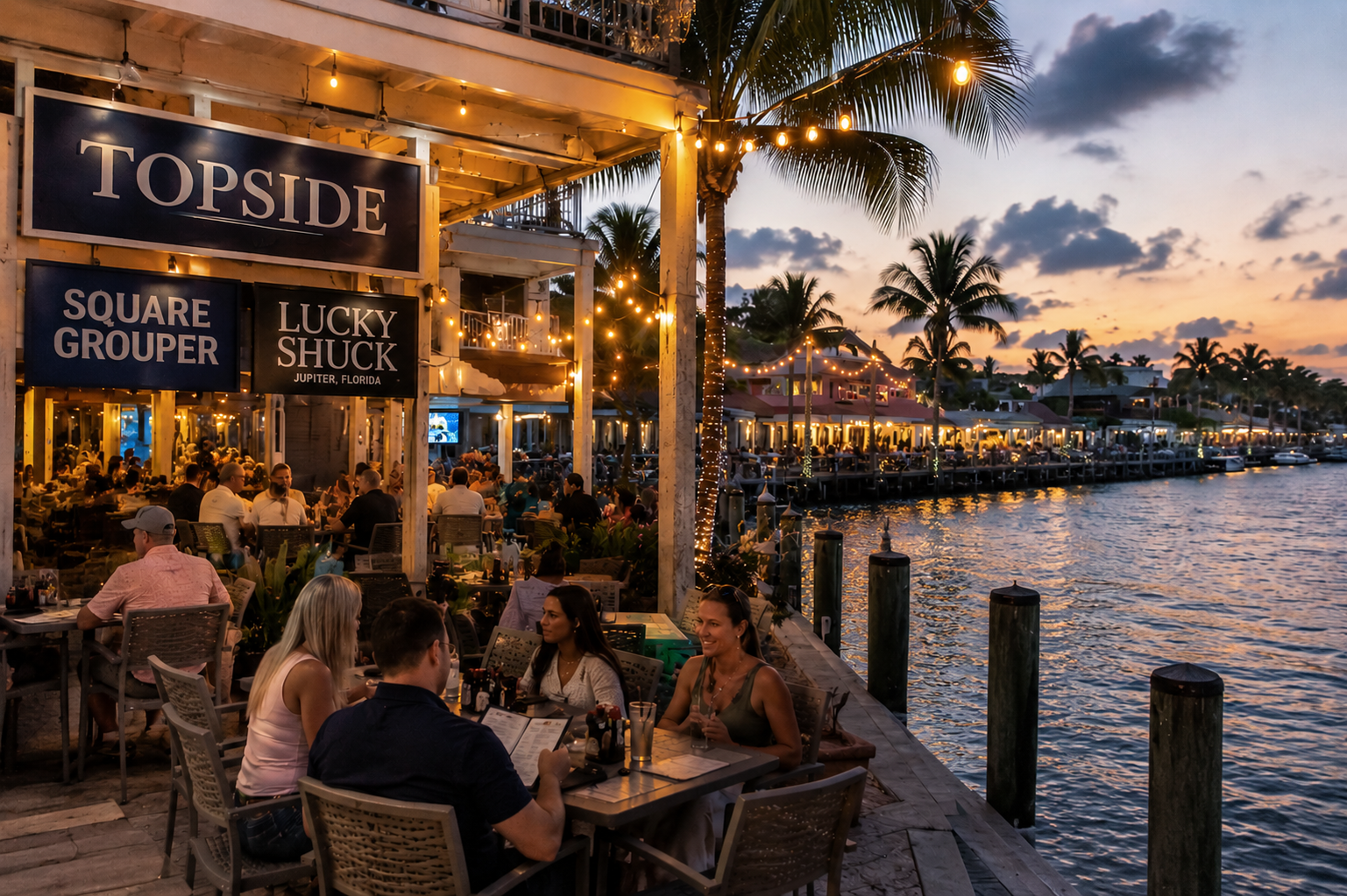 People dining at an outdoor waterfront restaurant during sunset in Jupiter, Florida, with palm trees, string lights, and boats in the water.