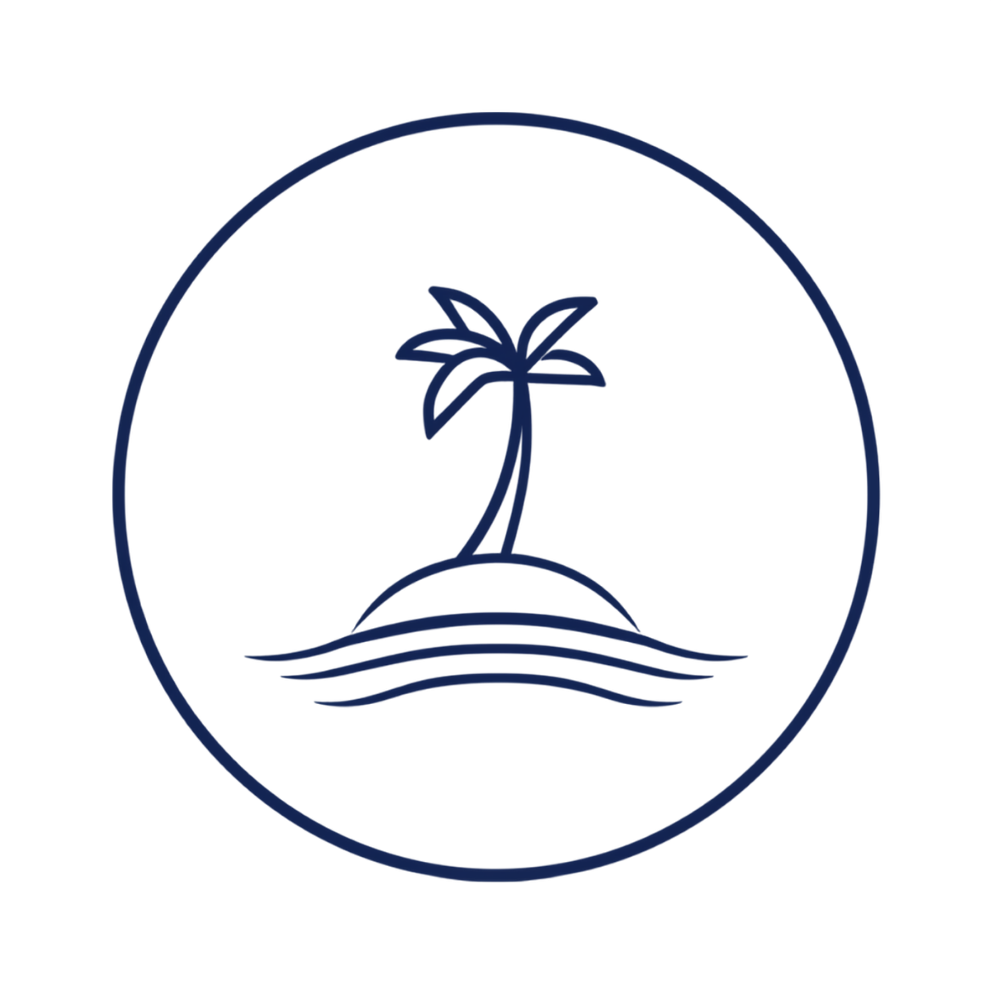 Line drawing of a palm tree inside a circular border.