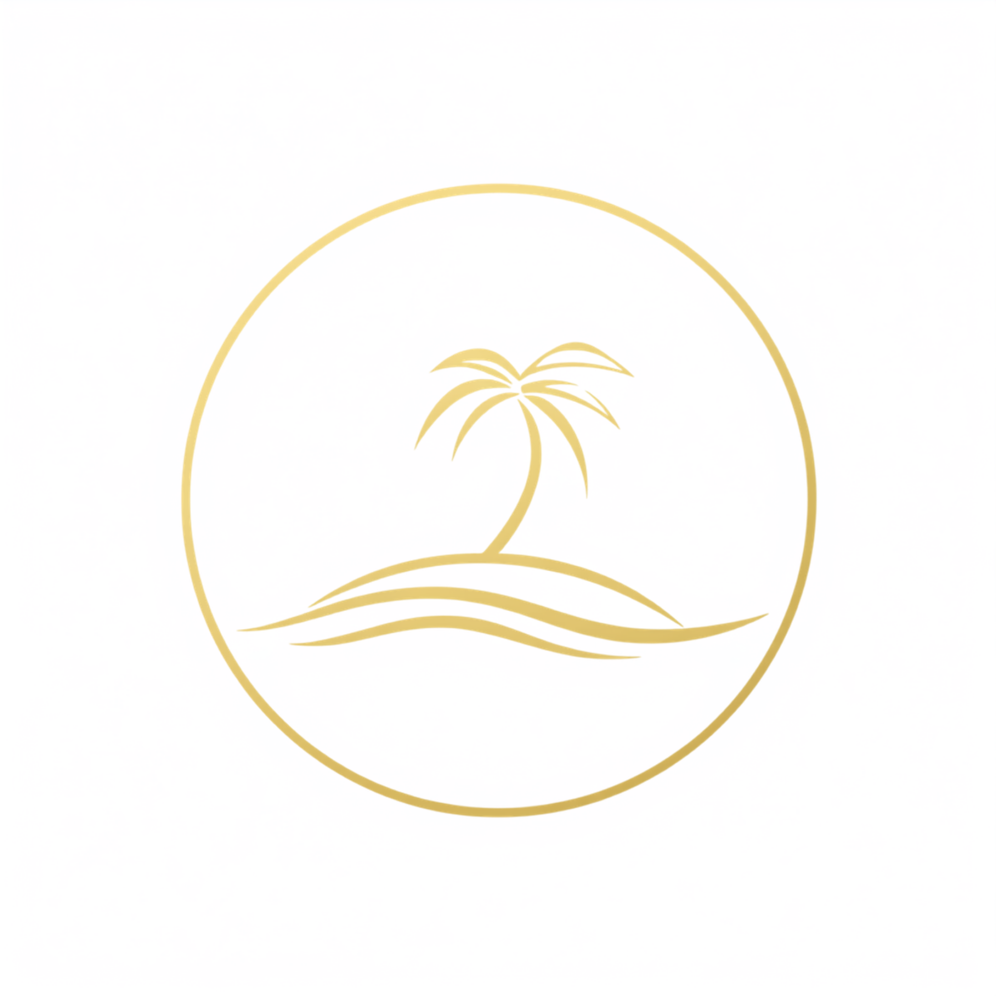 Minimalist gold outline of an open book with a sun rising over a hill in the background, enclosed in a large circle.