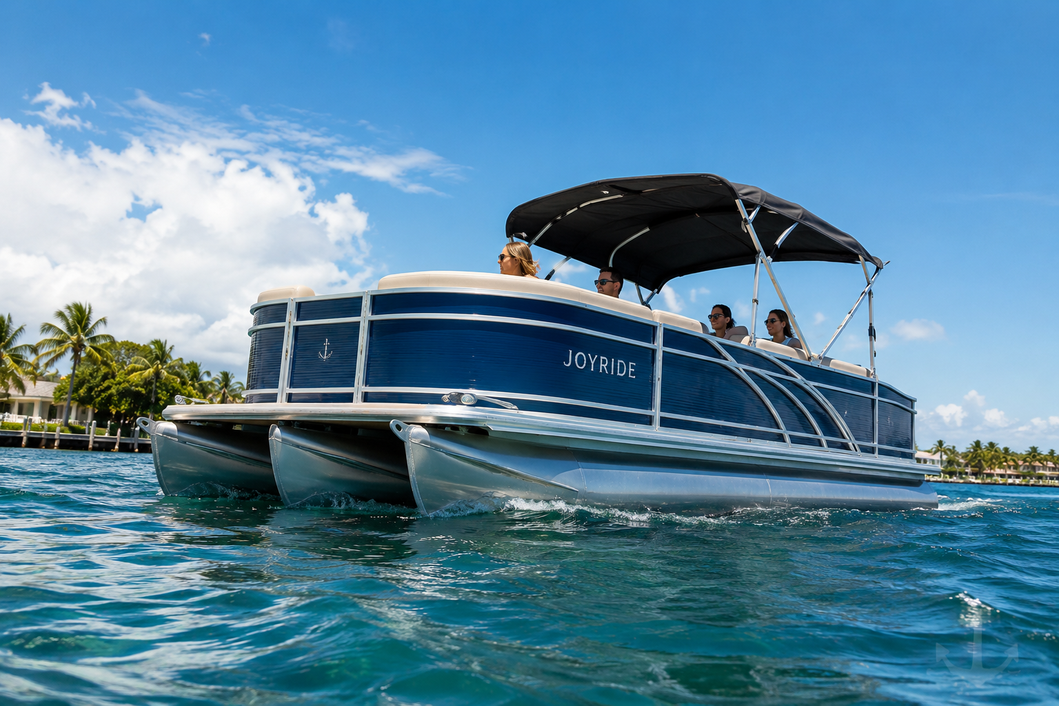 A blue pontoon boat named ''Joyride'' with four people on board, cruising on clear blue water under a sunny sky with some clouds, with a shoreline and palm trees in the background.