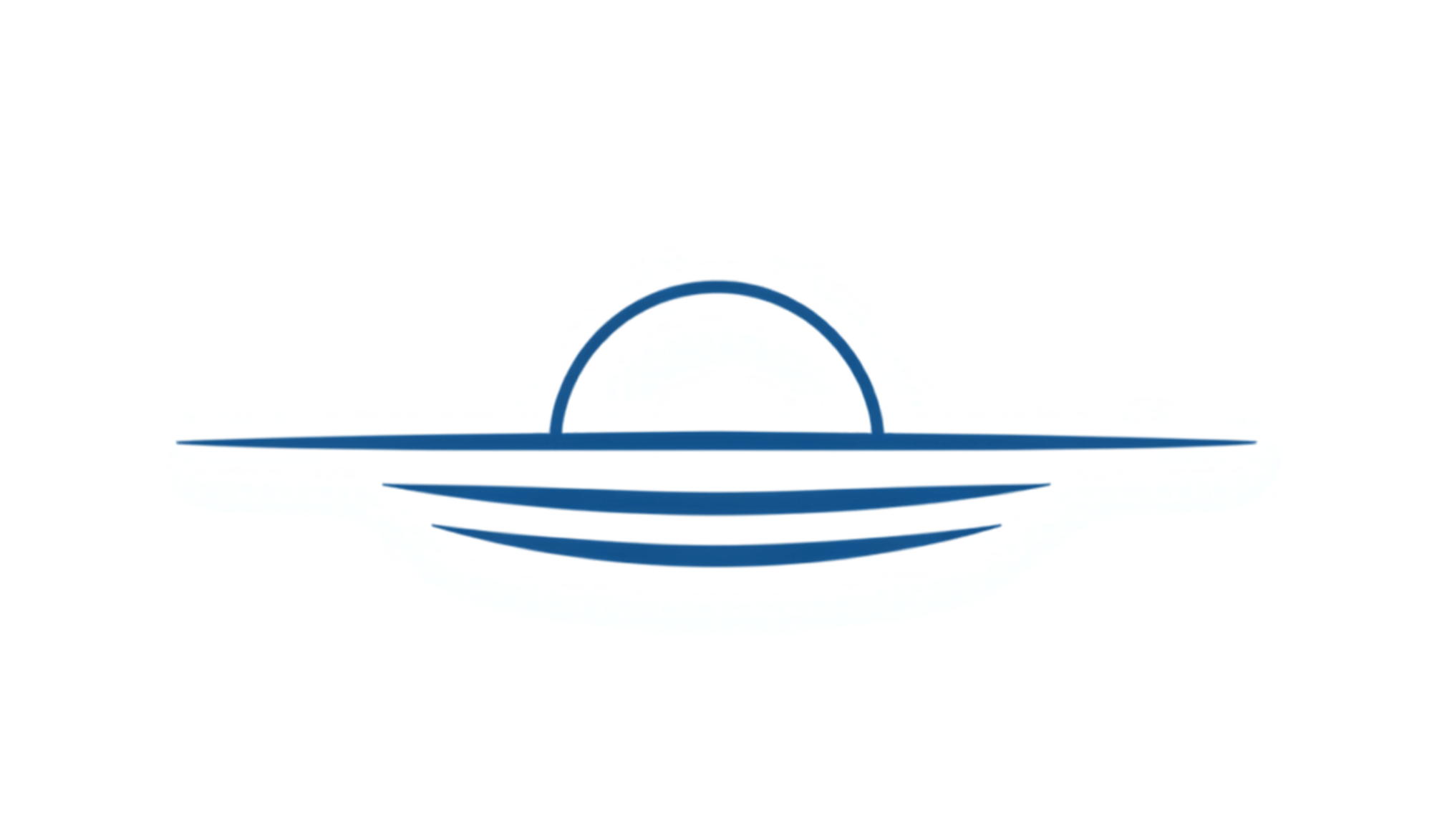 Minimalist logo of a semi-circle with horizontal lines representing the sun setting over water.