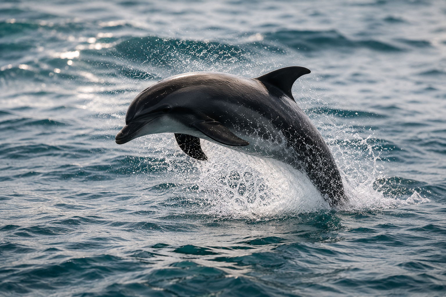 A dolphin jumping out of the water in the ocean during daylight.