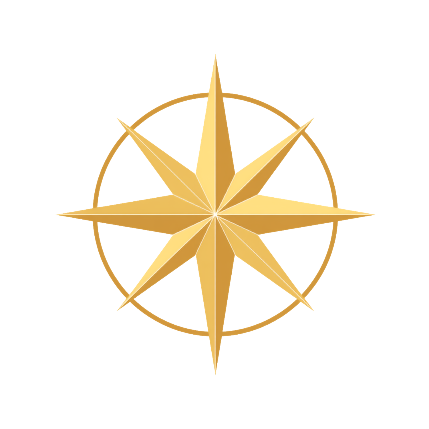 A gold and yellow compass rose design with a circular outline and eight main points, set against a white background.
