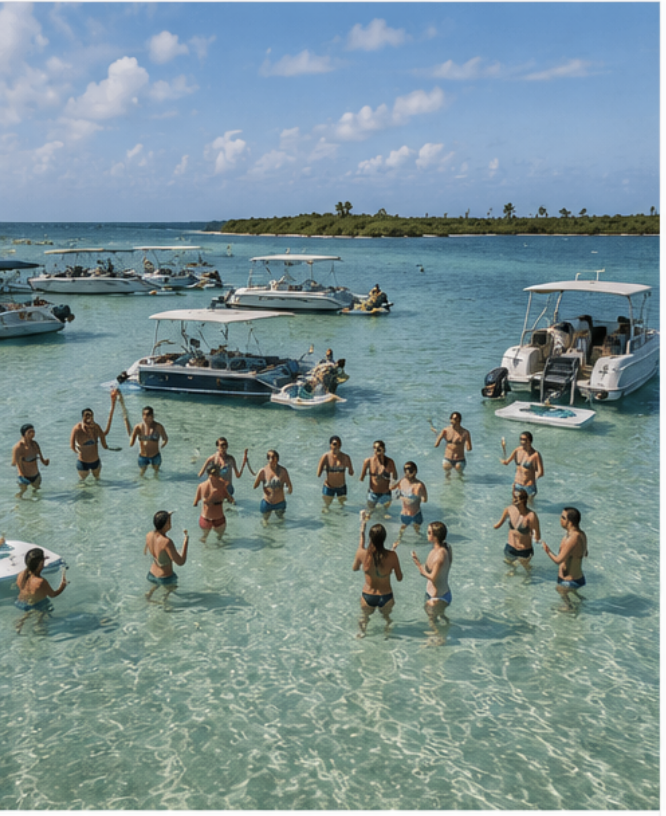 Group of people dancing in clear shallow water near boats on a sunny day.