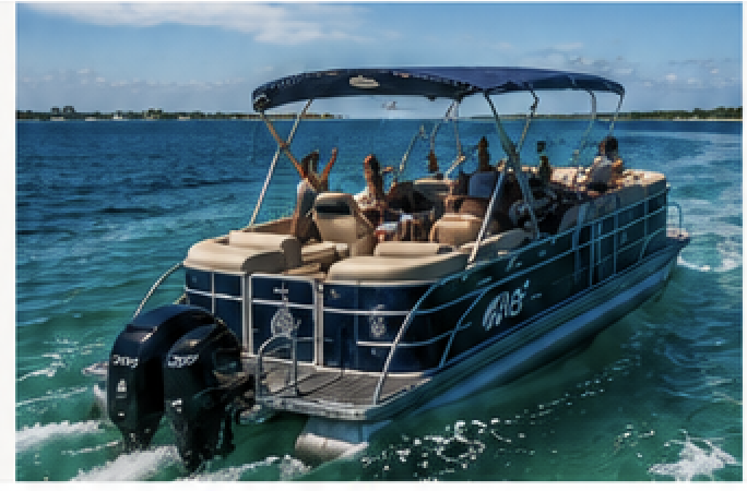 A motorized pontoon boat with people on board cruising on a lake under a blue sky.