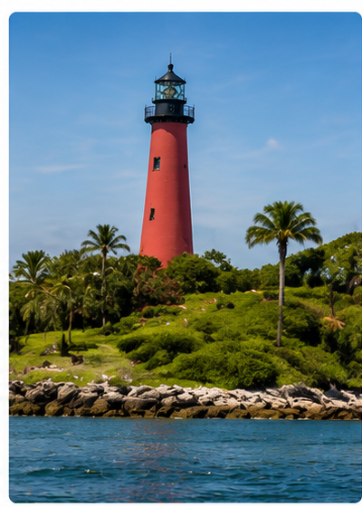 A red lighthouse on a lush green hillfront with palm trees, overlooking a body of water under a clear blue sky.