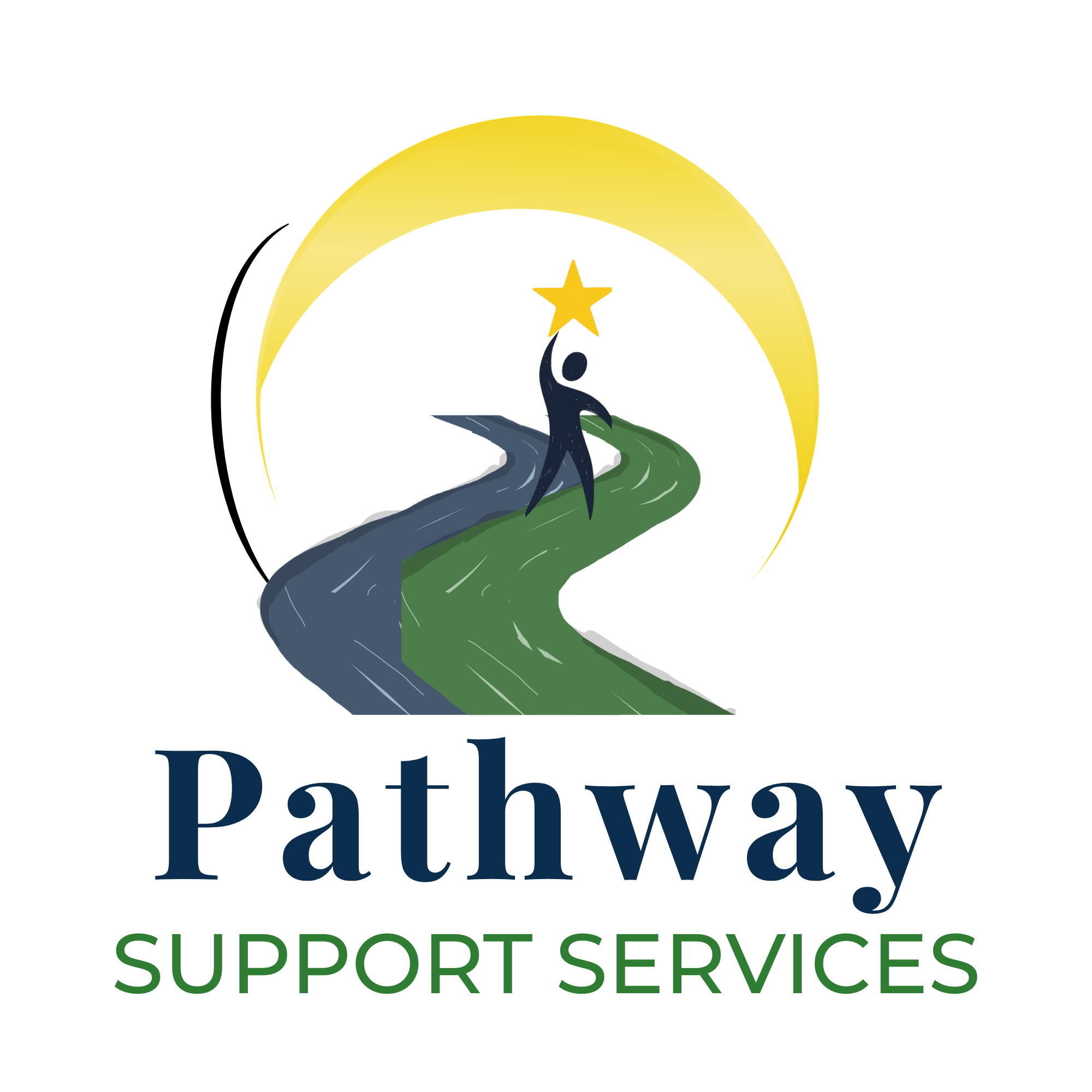 Logo for Pathways Support Services featuring a stylized person reaching for a star, with a curved rainbow above and green grass below, with the company name and tagline.