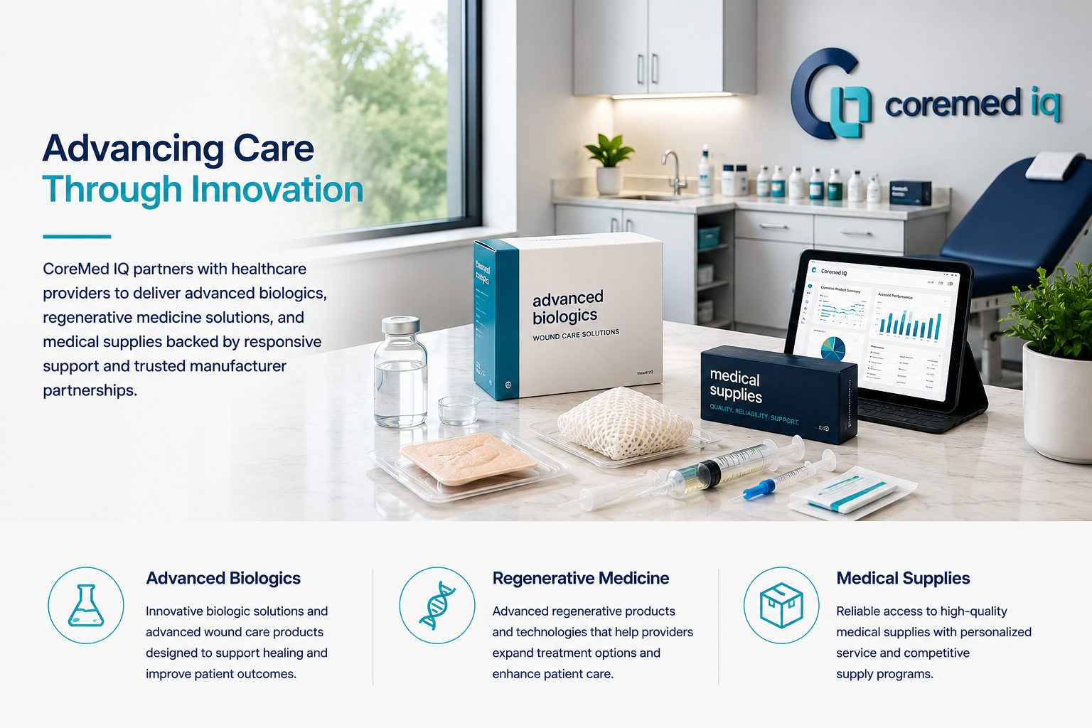 Medical and biological products on a countertop in a healthcare setting, with charts on a tablet, and a logo of CoreMed IQ on the wall.