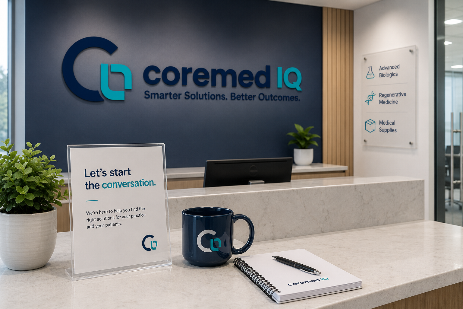 Reception desk with sign, mug, notebook, and plant at a medical office for Coremed IQ.