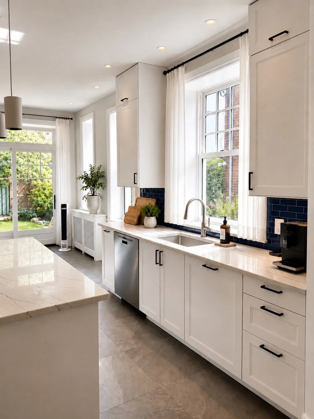 A modern bathroom with white subway tile walls, a white marble countertop with a built-in sink and chrome faucet, a large mirror, a glass-enclosed shower with a rainfall showerhead and handheld shower, a wall-mounted shower control, and recessed ceiling lights.