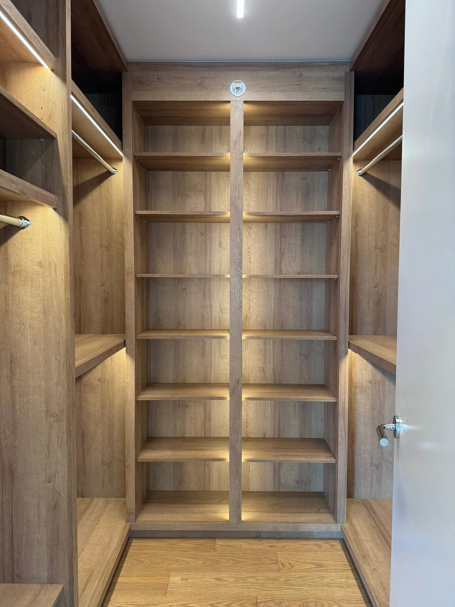 Wooden closet with empty shelves and hanging rods, no clothes inside, with a light on the ceiling.