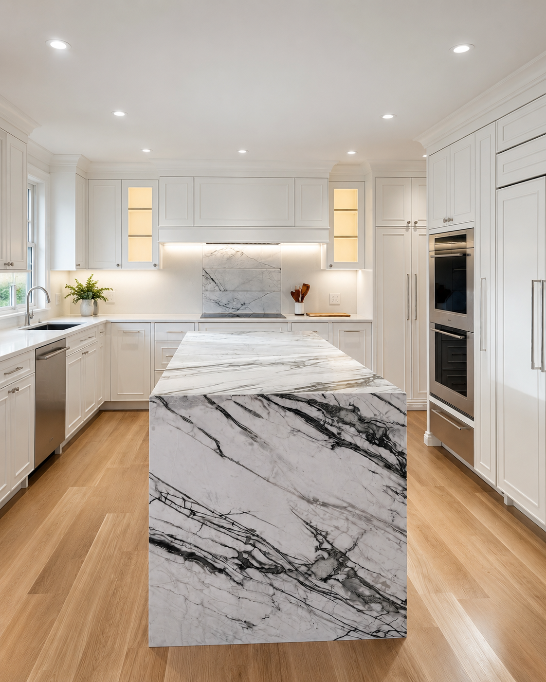 A modern kitchen with white cabinets, a marble island, and built-in appliances.