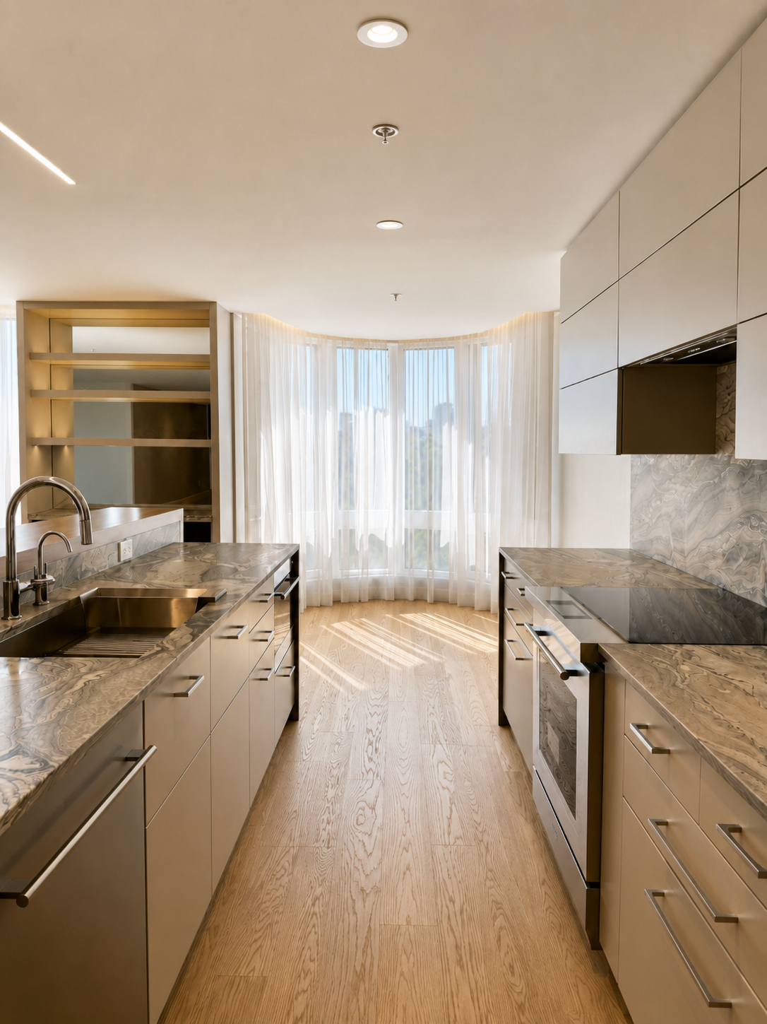 Modern kitchen with light wood cabinets, marble countertops, stainless steel appliances, and large windows with sheer curtains.
