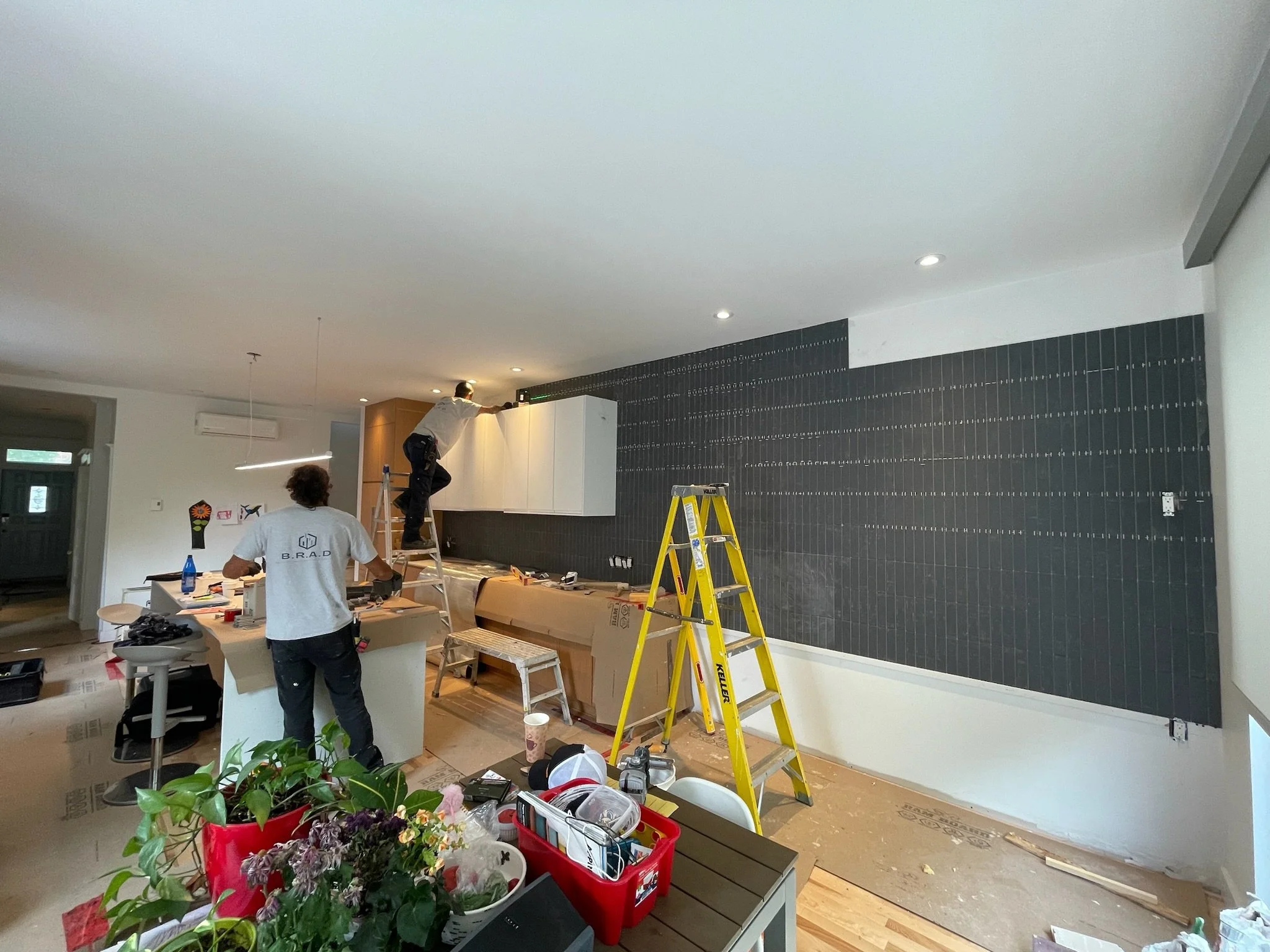 People working on interior home renovation, installing wall panels in a living room, with tools and supplies scattered around, and decorative plants in the foreground.