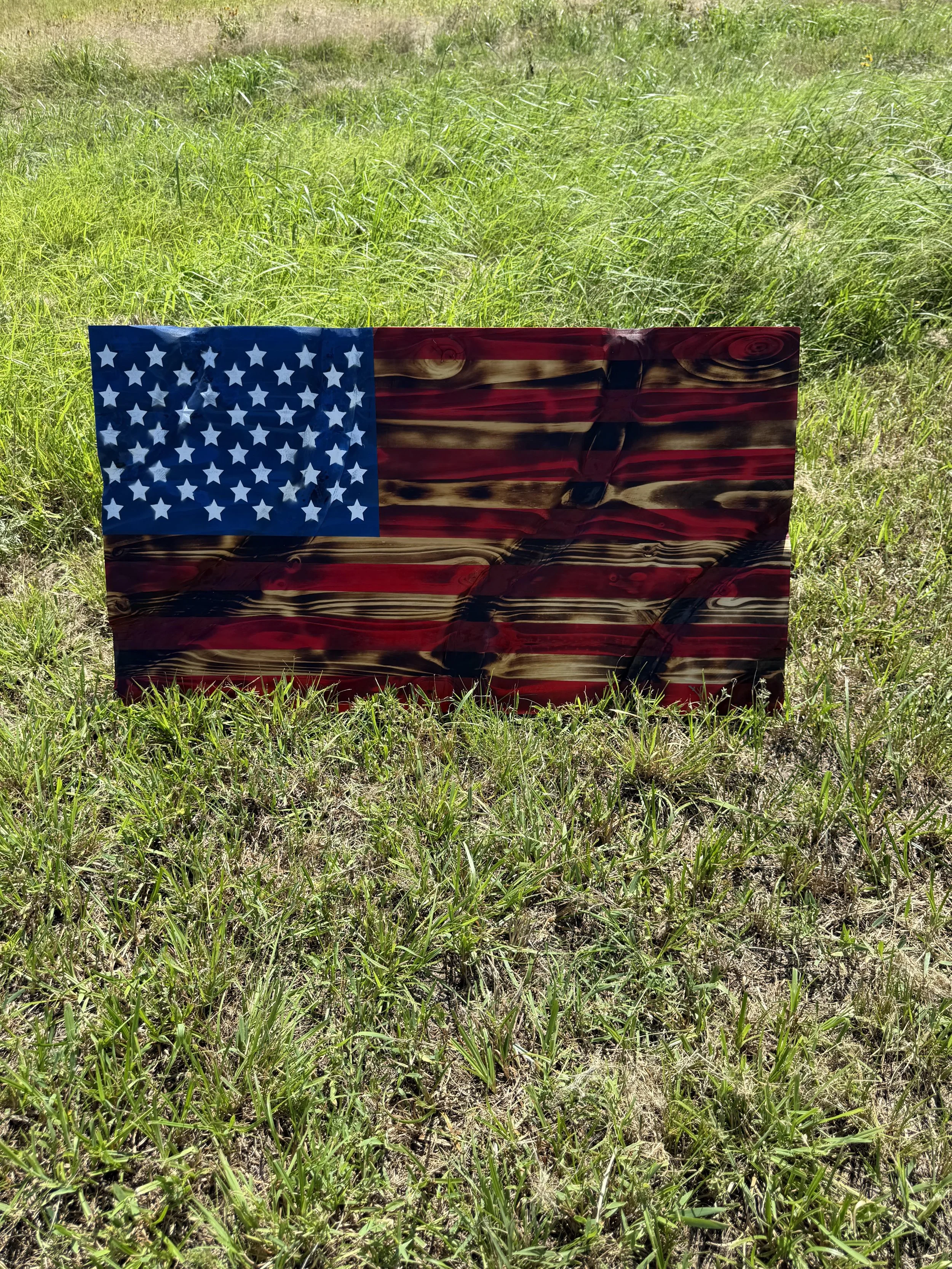 Handcrafted American Flag/ Natural Burn / White Stars / Contour line