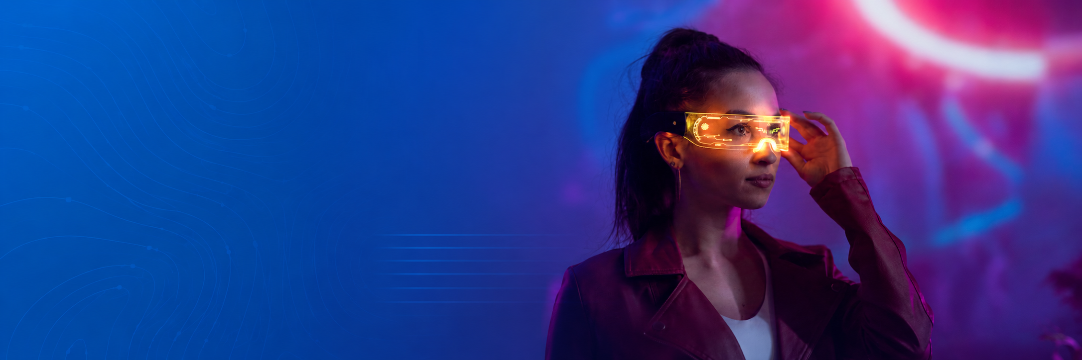 SAFE AI product launch supported a futuristic approach to professional services. The yellow-tinted augmented reality glasses in a neon-lit environment with vibrant purple and blue colors augmented the new AI-focused services and solutions.