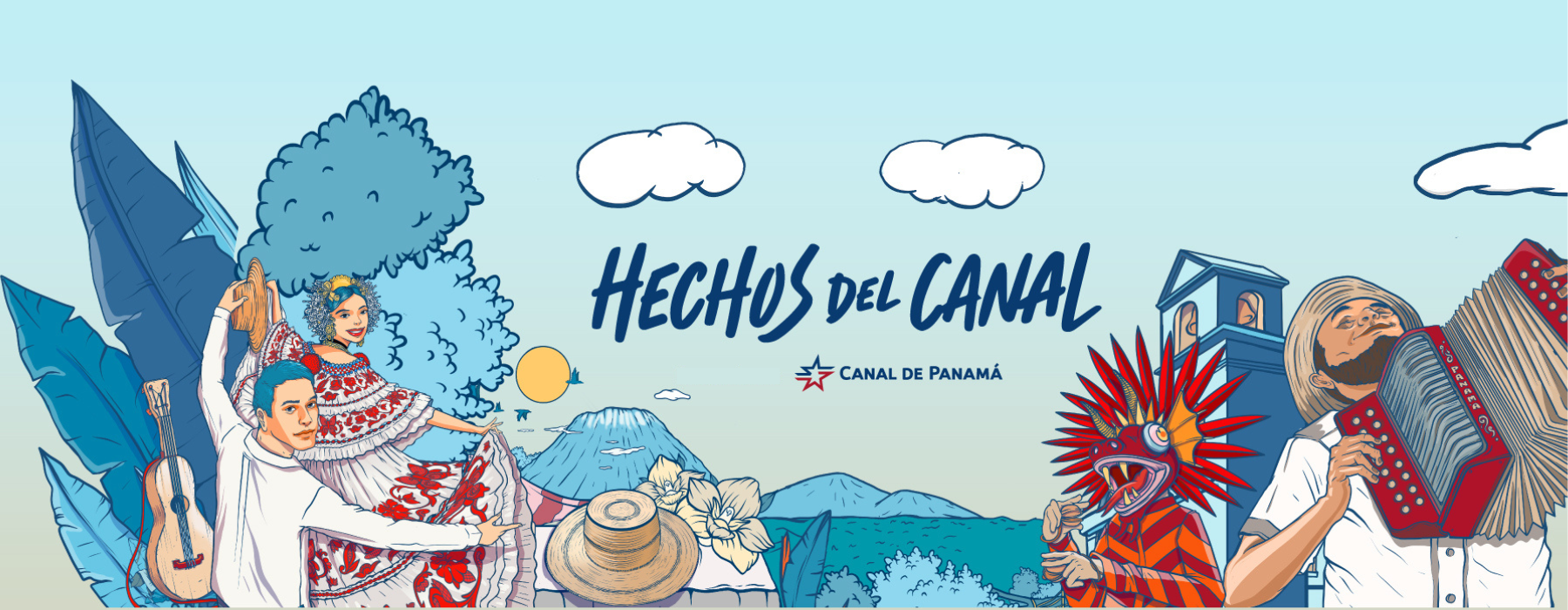 Illustration of traditional Panamanian cultural scene with dancers, mountain backdrop, and musicians playing instruments, promoting Panama Canal