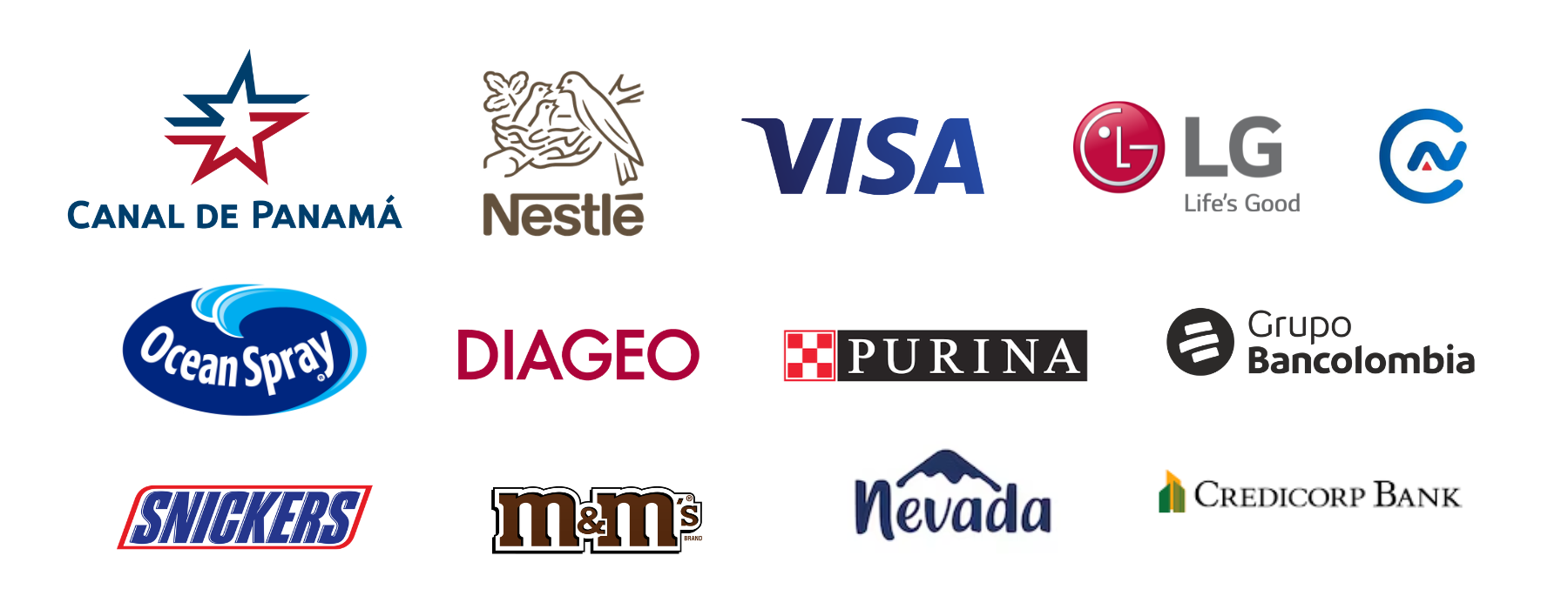Collection of logos including Canal de Panamá, Nestlé, Visa, LG, Ocean Spray, Diageo, Purina, Grupo Bancolombia, Snickers, M&M's, Nevada, Credicorp Bank.