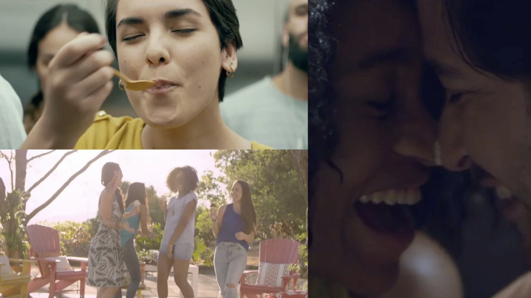 Collage of four scenes showing young women enjoying times together: one eating in a kitchen, one laughing outdoors in a park, one smiling outdoors, and a close-up of smiling women with one wearing glasses.
