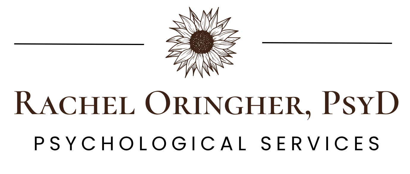 Logo for Rachel Oringher, PsyD, featuring a brown sunflower graphic above the name in brown text on a black background.