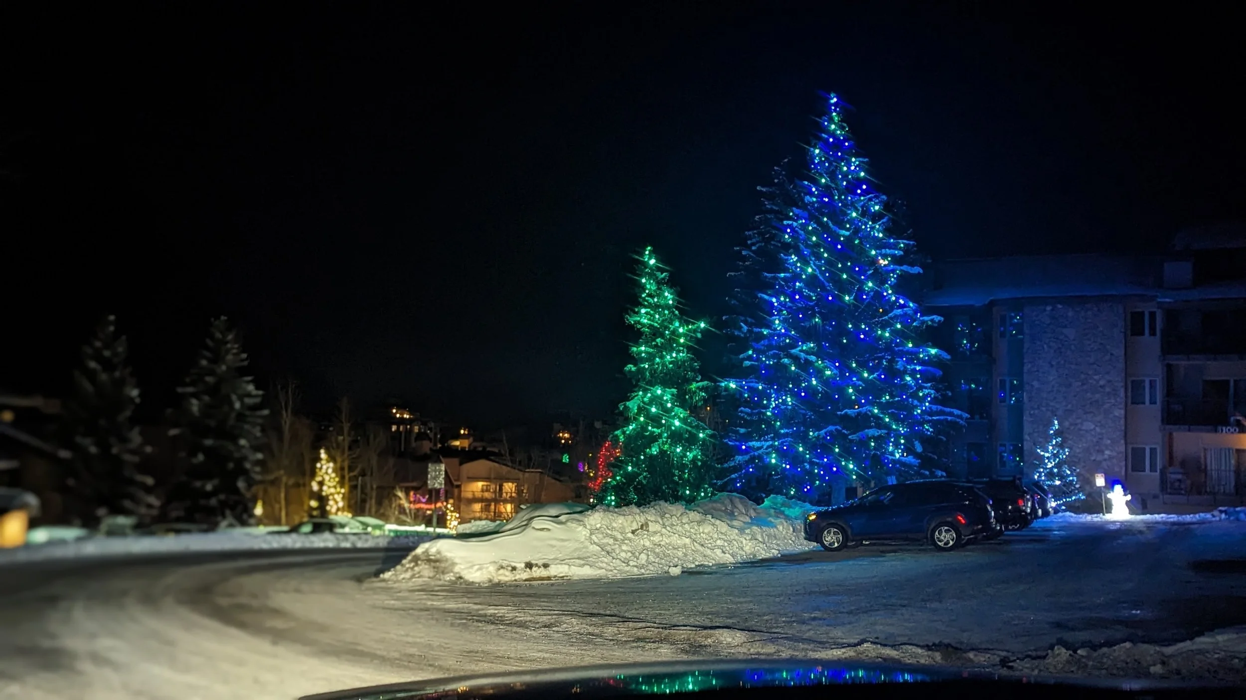 Nighttime scene of a neighborhood with snow-covered ground and decorated Christmas trees with colorful lights, including a large Christmas tree illuminated with blue and green lights, in front of apartment buildings. Winter wonderland Steamboat 