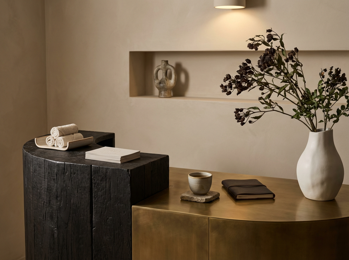 Interior decor with a dark wood and gold curved surface, a white vase with dark dried flowers, a cup on a stone coaster, closed dark napkins, and folded towels, with a built-in shelf holding a ceramic vase in the background.