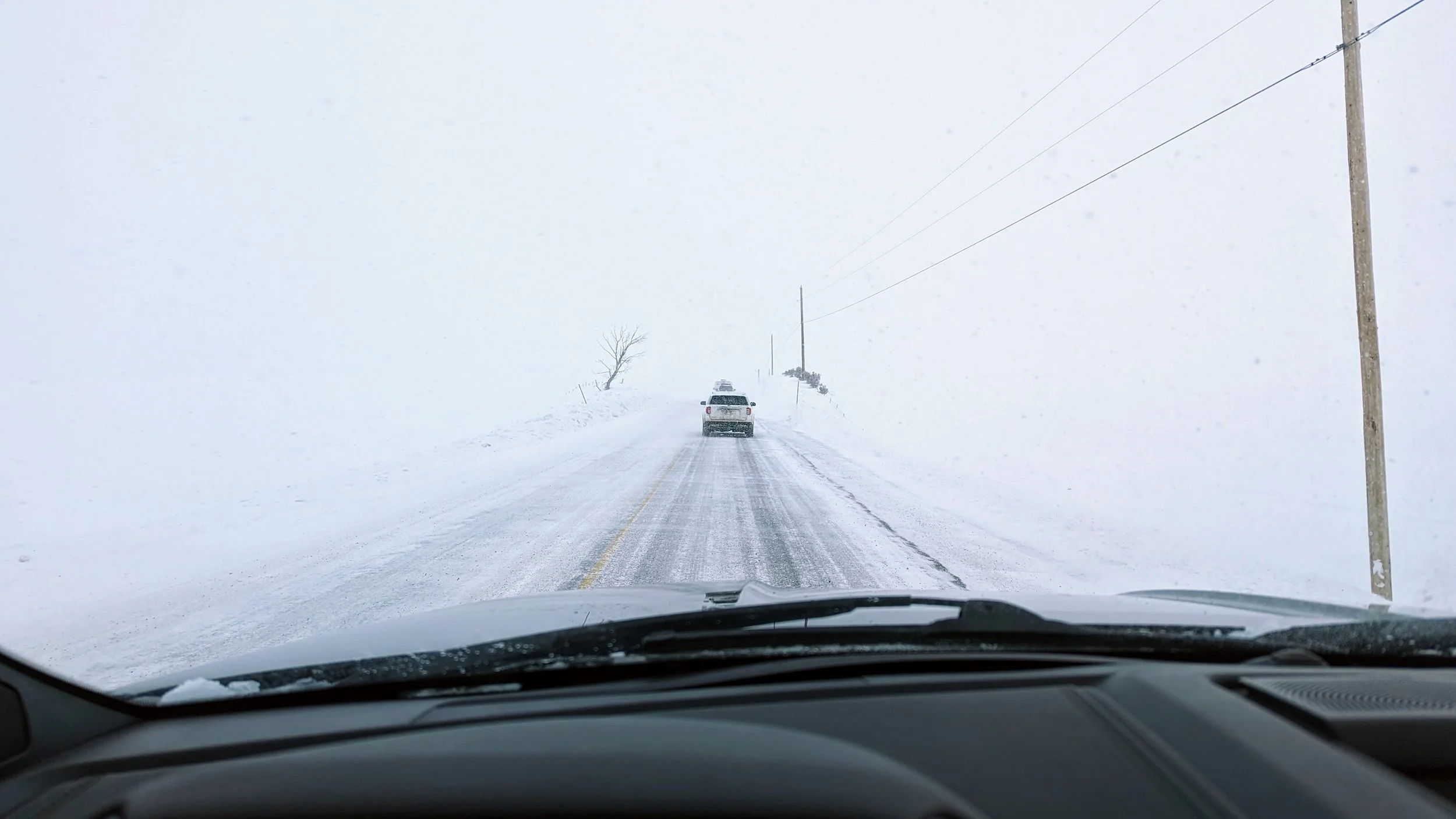 A car driving down a snow-covered road with snow falling, utility poles on the side, and a tree leaning to the left in a winter storm. Extreme weather driving experience.