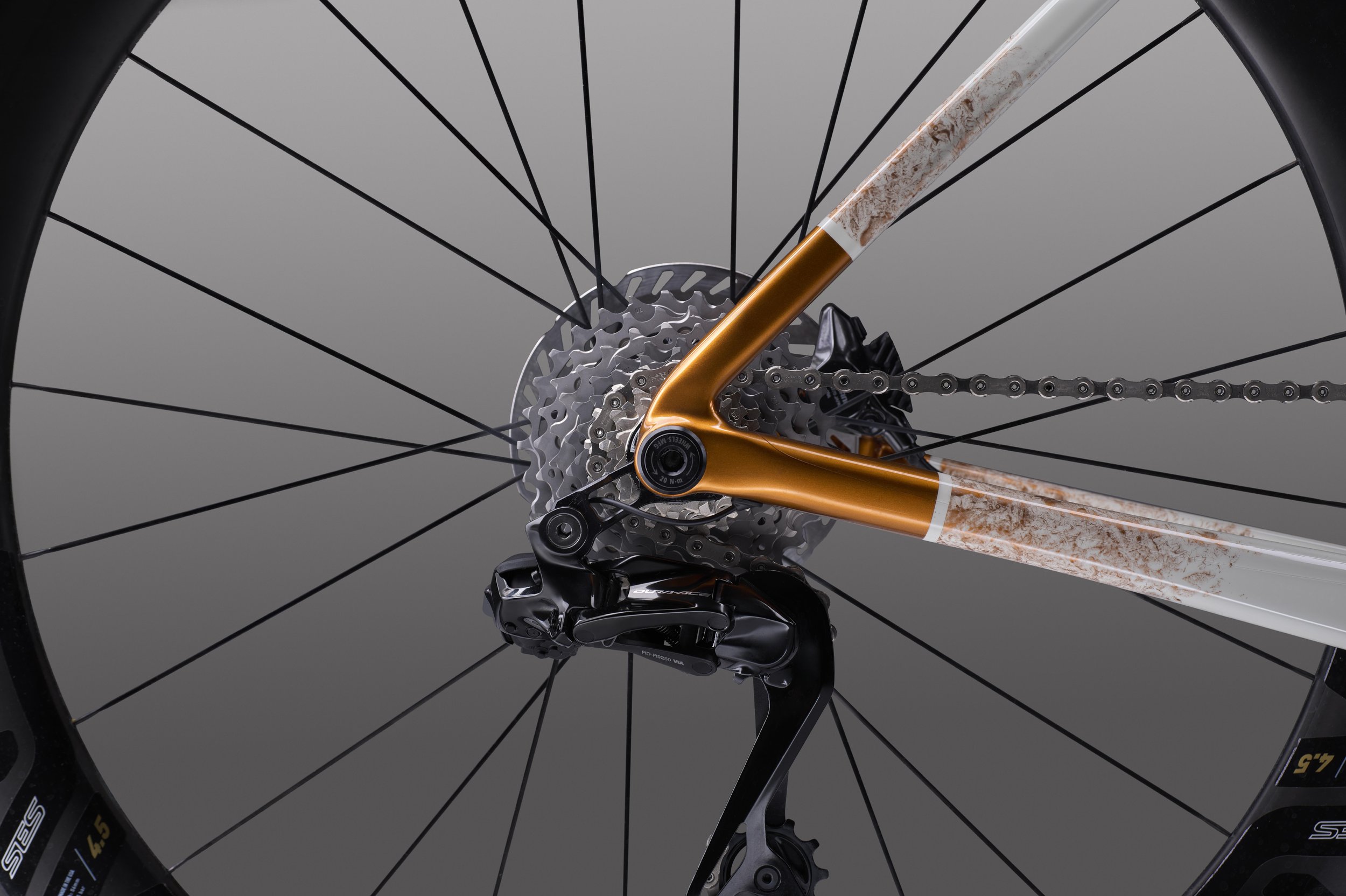 Detail of Shimano dura-ace 12 speed rear cluster showing copper  paint detail
