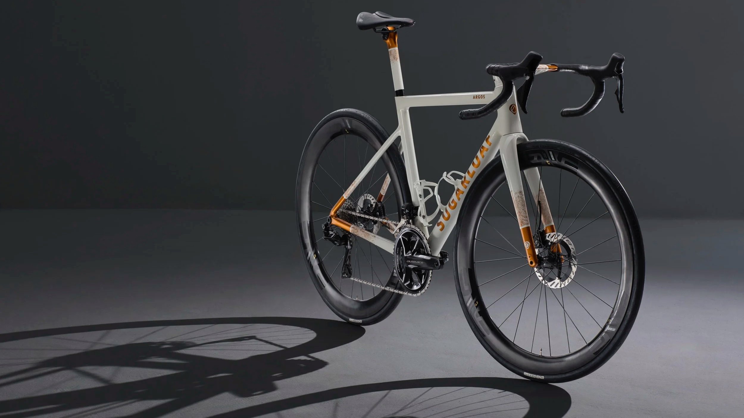 Sugarloaf bicycle on a grey background with shadow showing Shimano dura-ace group-set