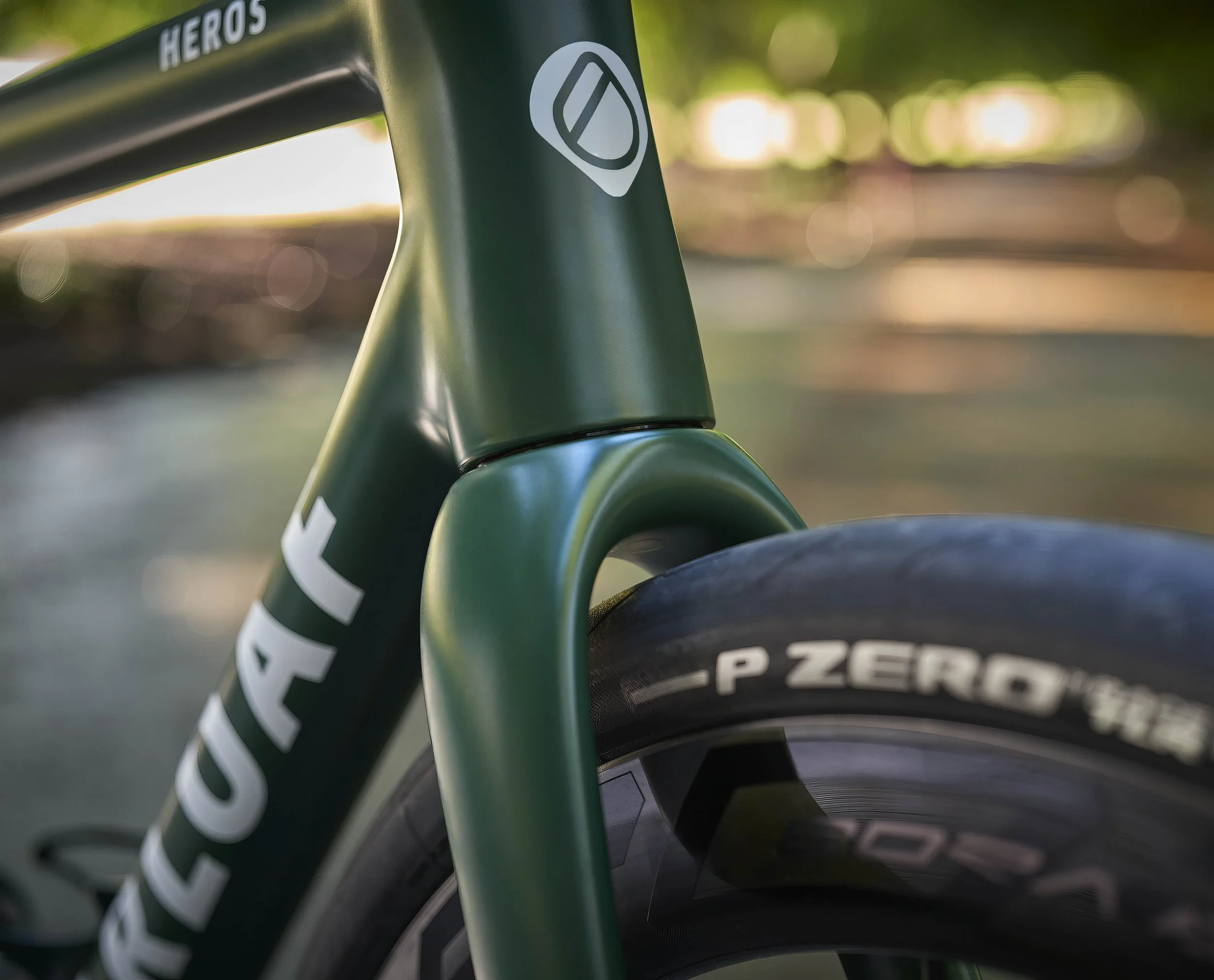 Detail of front forks of a bicycle outdoors with warm light in the background. The bicycle is green and shows ENVE forks with 40mm Pirelli P Zero tyres