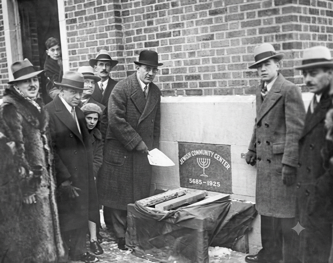 Group of people gathered outside a building for a ceremonial event at the Jewish Community Center, which was established in 1925, with some holding shovels for a groundbreaking ceremony.