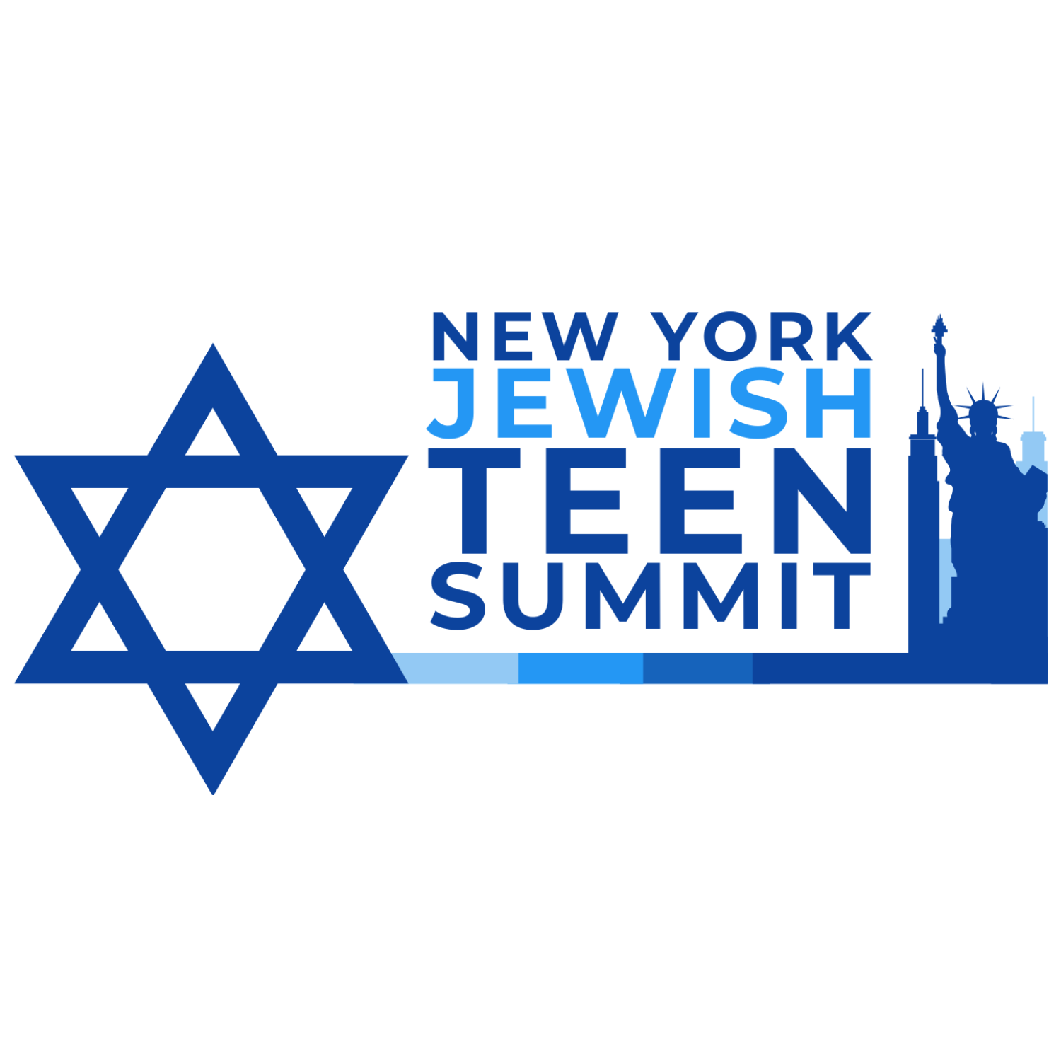 Logo for the New York Jewish Teen Summit featuring a large Star of David, the Statue of Liberty, and New York City skyline in blue, with the event name written in bold blue letters.