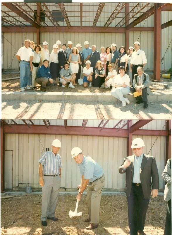 Group of men and women in construction helmets at a building site, posing for a photo. In the second image, three men, two with helmets, one with a suit, stand on a construction site, with one man holding a sledgehammer.