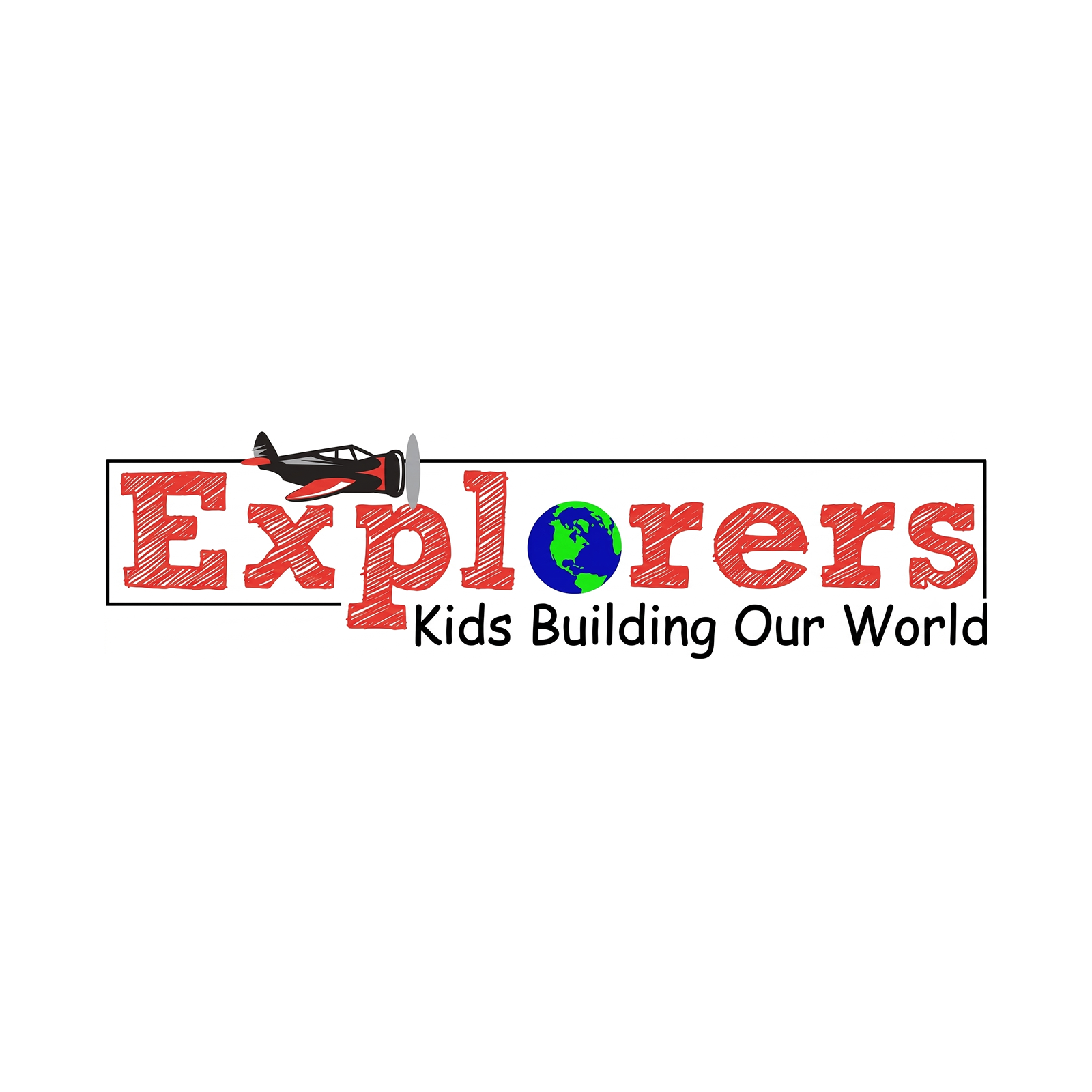 Logo for Explorers Kids Building Our World featuring a red airplane flying over the word 'Explorers' with a globe in place of the letter 'o' and the subtitle 'Kids Building Our World'.