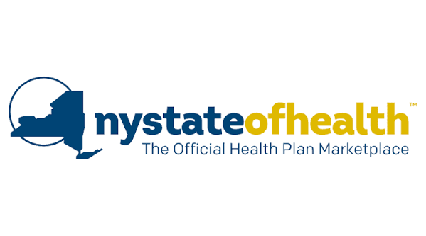 Logo for nystateofhealth, an official health plan marketplace, featuring a map of New York and the text 'nystateofhealth' with 'of health' in yellow, and tagline 'The Official Health Plan Marketplace'.