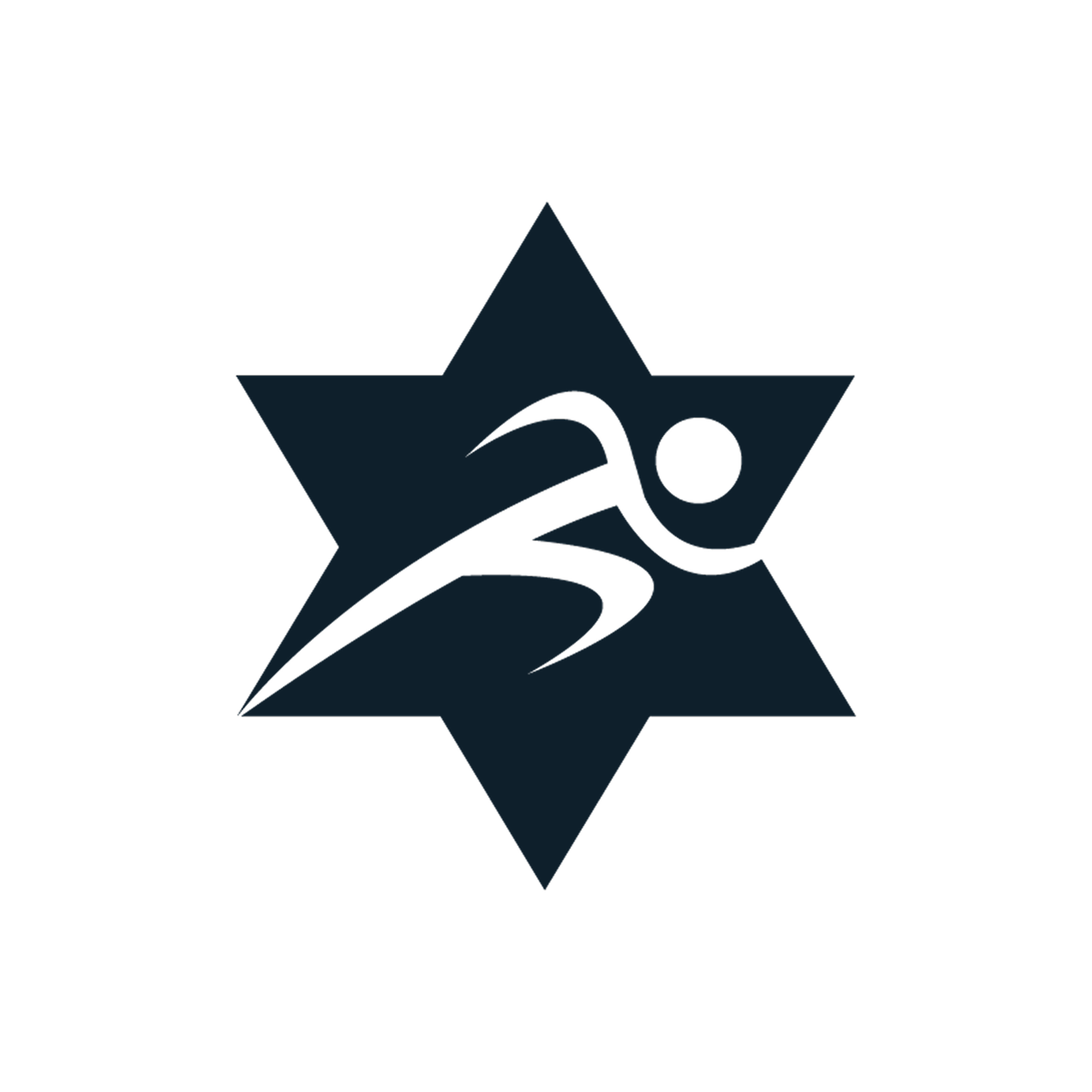 Black star with a swoosh design and a circle in the middle, on a white background.