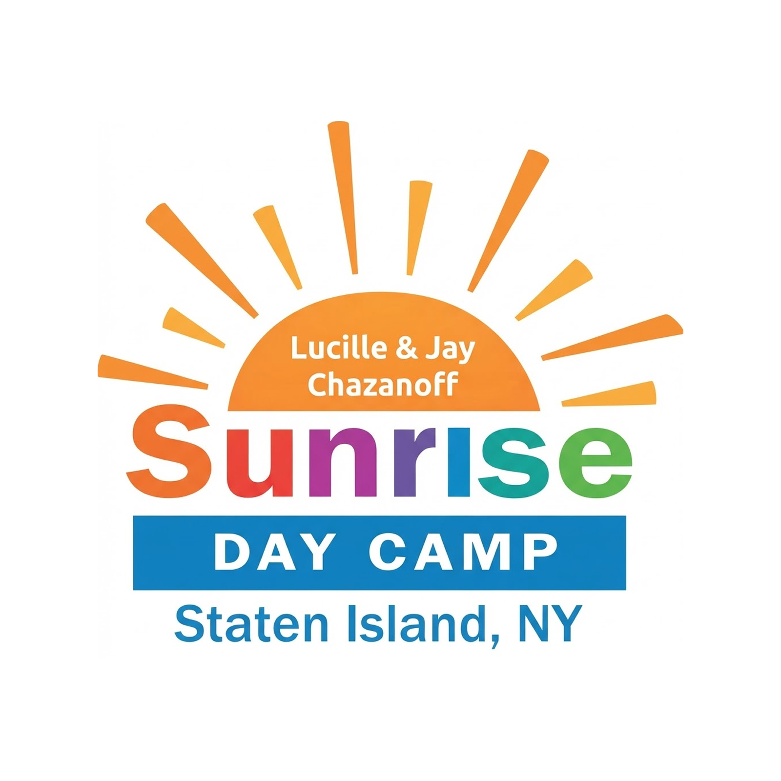 Sunrise logo for a day camp on Staten Island, NY with a stylized orange sun and rainbow-colored text.