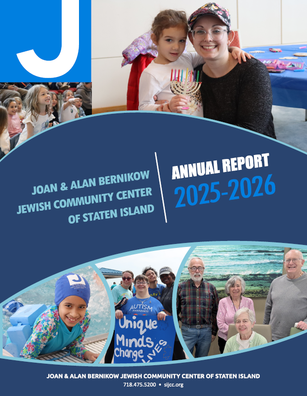 Cover of the Joan & Alan Bernikow Jewish Community Center of Staten Island annual report for 2025-2026, featuring photos of children and adults at the community center, and a birthday celebration with a young girl and woman with a menorah.