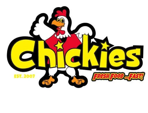 Chickies restaurant logo featuring a cartoon chicken with a red comb and beak, yellow foot and wattle, standing in front of the bold yellow text 'Chickies' with black outline and yellow stars. The logo includes the tagline 'Fresh Food... Fast!' in red and yellow, and 'EST. 2007' in yellow.