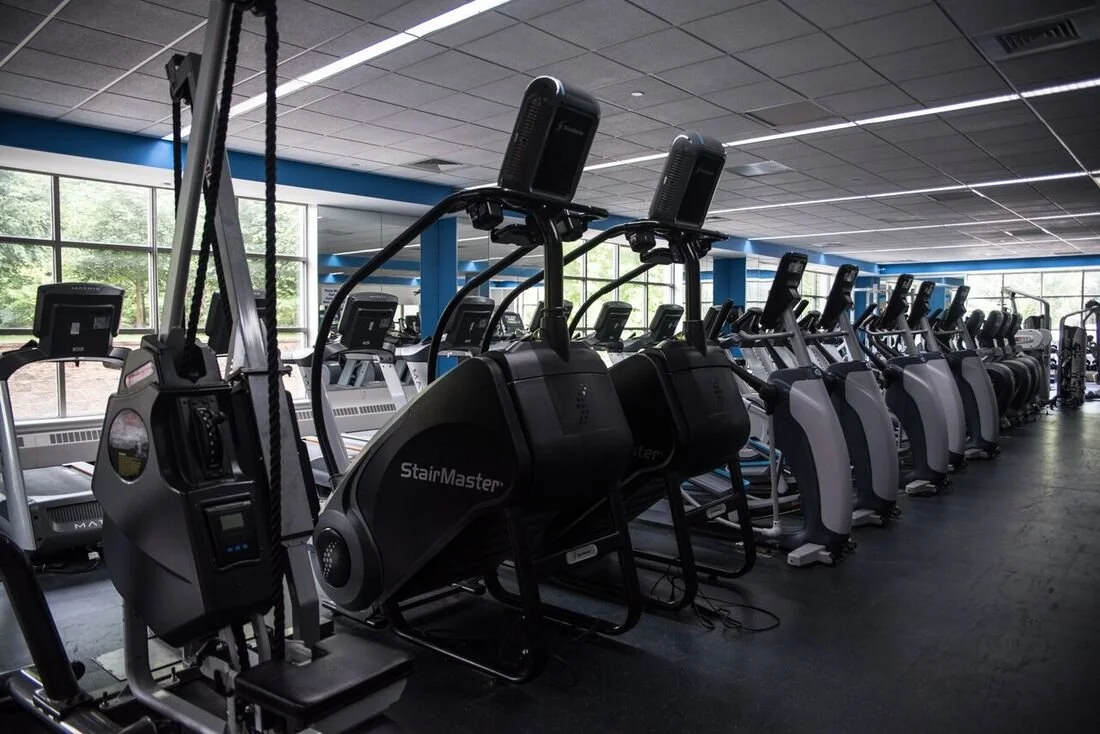 Empty gym with rows of treadmills and ellipticals near large windows