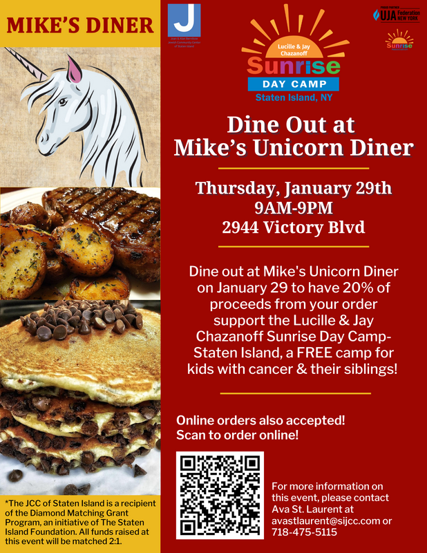 Flyer advertising a fundraising event at Mike's Diner on Staten Island, NY, featuring a unicorn illustration and a photo of a burger and fries. The event supports the Lucille & Jay Chazanoff Sunrise Day Camp for kids with cancer, scheduled for January 29th from 9AM to 9PM at 2944 Victory Blvd, with details about online ordering and contact information.