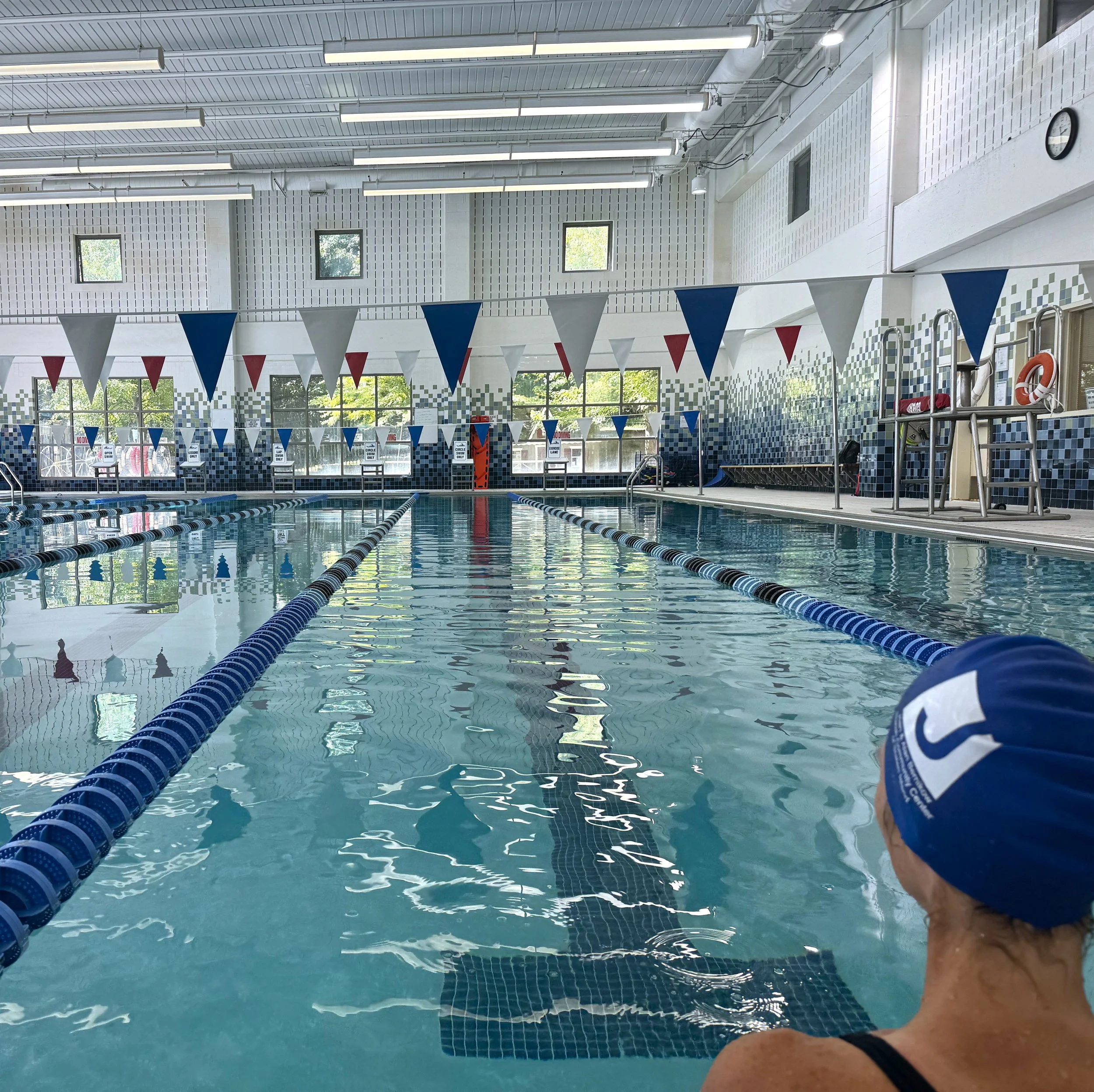 Indoor swimming pool with lanes, starting blocks, and red, blue, and white triangular flags hanging from the ceiling.